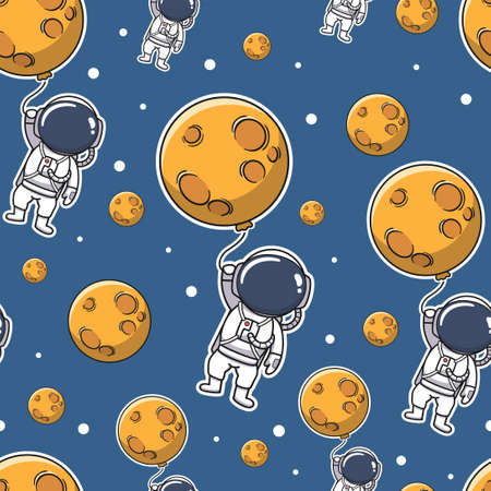 cute astronaut holding moon balloon in the space seamless patternのイラスト素材