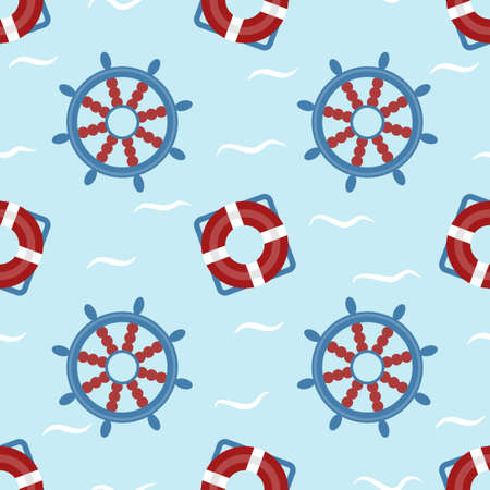 lifebuoy rescue donut and ship steering wheel seamless patternのイラスト素材