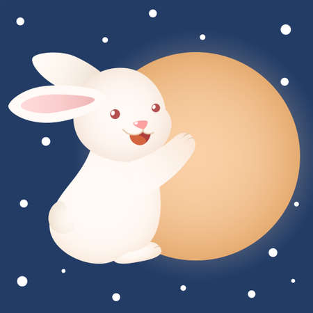 cute mid autumn festival bunny rabbit hugging big moonのイラスト素材