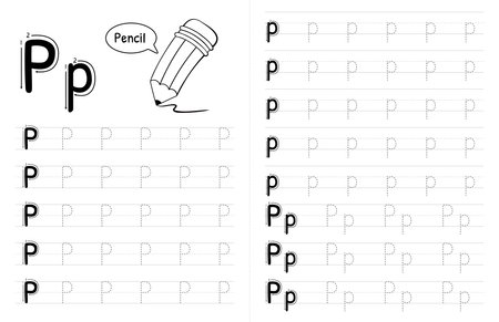 ABC Alphabets Tracing Book Interior For Kids. Children Writing Worksheet With Picture. Premium Vector Elements Letter P.のイラスト素材