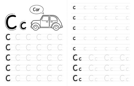 ABC AAlphabets Tracing Book Interior For Kids. Children Writing Worksheet With Picture. Premium Vector Elements Letter C.のイラスト素材