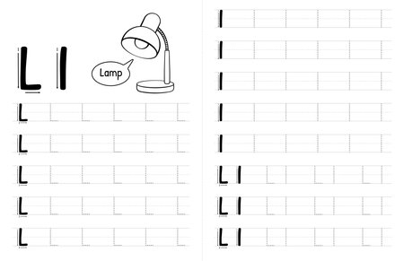 ABC Alphabets Tracing Book Interior For Kids. Children Writing Worksheet With Picture. Premium Vector Elements Letter Lのイラスト素材