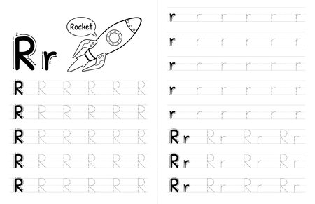 ABC Alphabets Tracing Book Interior For Kids. Children Writing Worksheet With Picture. Premium Vector Elements Letter R.のイラスト素材