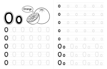 ABC Alphabets Tracing Book Interior For Kids. Children Writing Worksheet With Picture. Premium Vector Elements Letter O.のイラスト素材