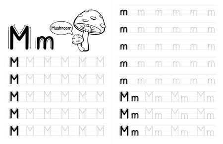 ABC Alphabets Tracing Book Interior For Kids. Children Writing Worksheet With Picture. Premium Vector Elements Letter M.のイラスト素材