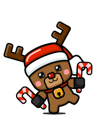 Cube Style Cute Christmas Reindeer Holding Candy Caneのイラスト素材