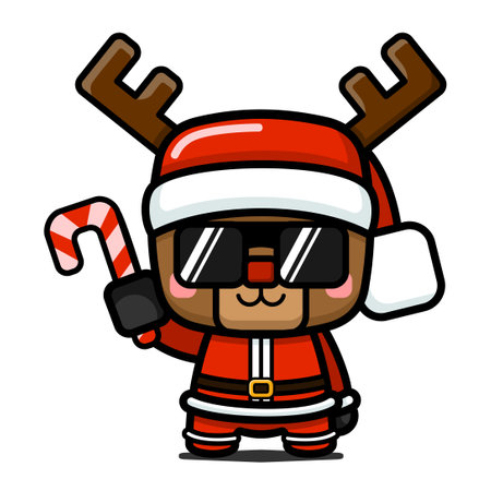 Cube Style Cute Reindeer In Santa Claus Costume And Sunglasses Holding Candy Caneのイラスト素材