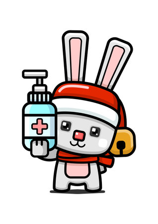 Cube Style Cute Christmas Rabbit Holding Hand Sanitizerのイラスト素材
