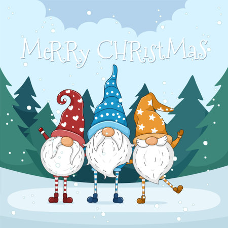 Cute Christmas Gnomes In Winter Forest Backgroundのイラスト素材