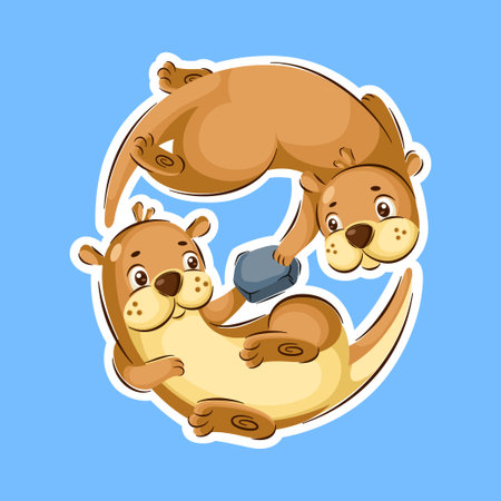 Cute Otter Couple Cartoon Characters In Sticker Style Premium Vector Graphicのイラスト素材