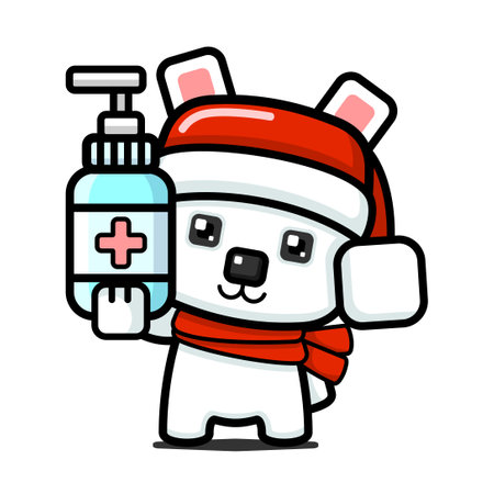 Cube Style Cute Polar Bear Holding Hand Sanitizerのイラスト素材