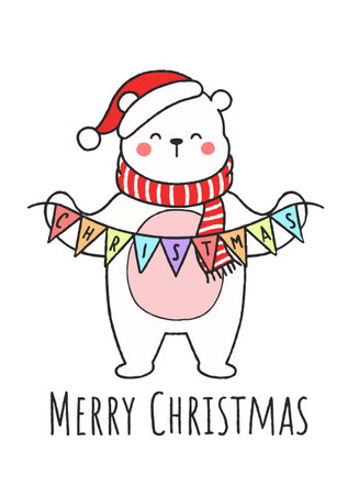 Cute Hand Drawn Christmas Polar Bear Holding Decorationのイラスト素材