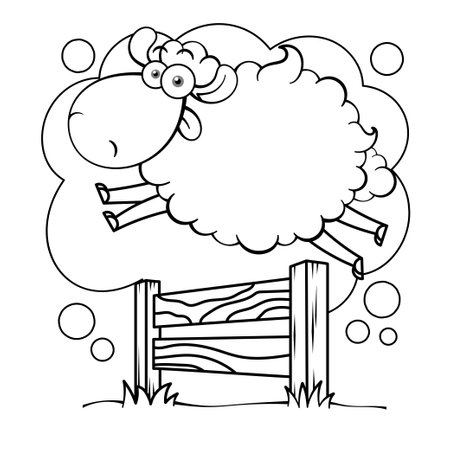 Funny Cartoon Sheep Jumping The Fence Outlineのイラスト素材