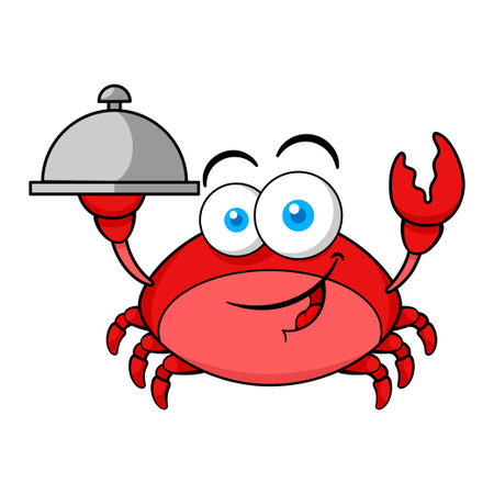 Funny Red Crab Cartoon Character Holding Plateのイラスト素材