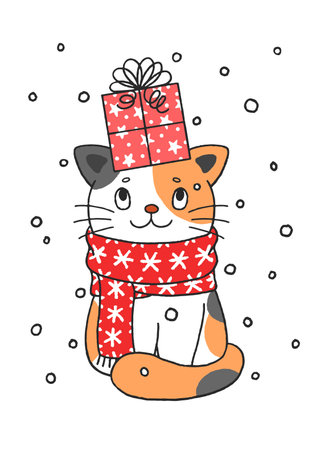 Cute Hand Drawn Christmas Kitty Cat With Present Boxのイラスト素材
