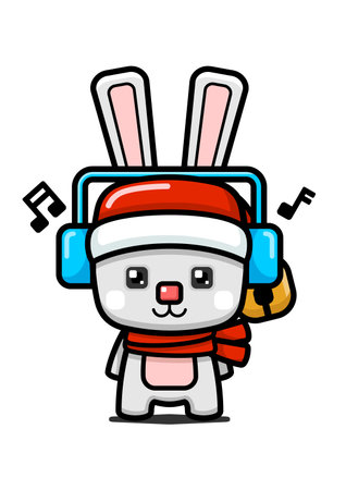 Cube Style Cute Christmas Rabbit Wearing Headphoneのイラスト素材