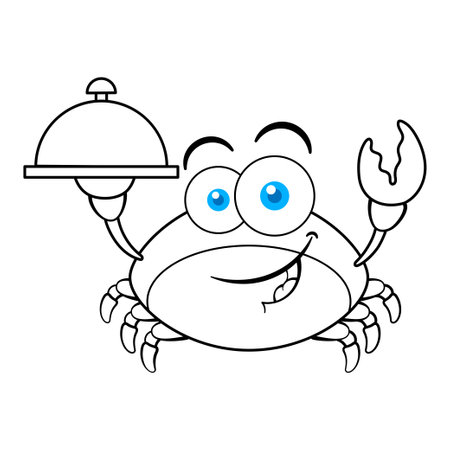Funny Red Crab Cartoon Character Holding Plate Outlineのイラスト素材