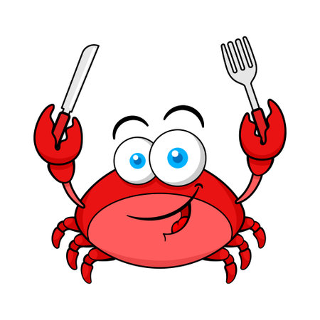 Funny Red Crab Cartoon Character Holding Fork And Knifeのイラスト素材