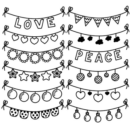 Freehand Handdrawn Bunting Flags And Decorations Set Pack. Premium Vector.のイラスト素材