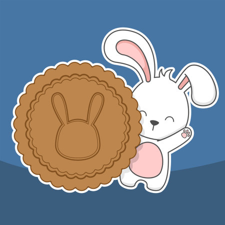 cute mid autumn festival bunny rabbit and moon cakeのイラスト素材