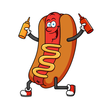 Hotdog Cartoon Character holding Sauce Bottlesのイラスト素材