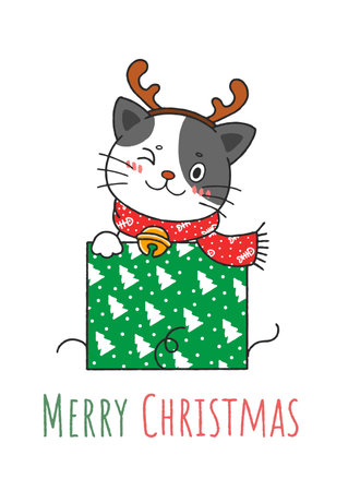 Cute Hand Drawn Christmas Kitty Cat In A Boxのイラスト素材