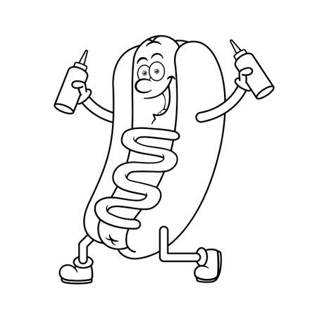 Hotdog Cartoon Character holding Sauce Bottles Outlineのイラスト素材