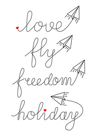 Freehand Handdrawn Valentines Day Hand Writting Doodle Calligraphy With Paper Plane Set. Premium Vector.のイラスト素材