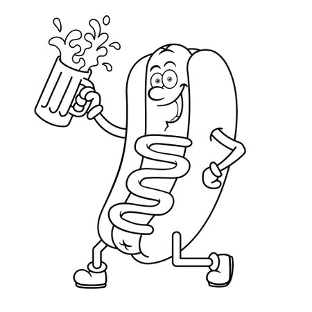 Hotdog Cartoon Character Holding Beer Outlineのイラスト素材