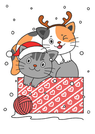 Two Cute Hand Drawn Christmas Kitty Cats In A Boxのイラスト素材