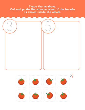 Three And Five Counting And Tracing Number Worksheet. Cut And Paste Worksheet With Tomato Pictures. Premium Vector Element.のイラスト素材
