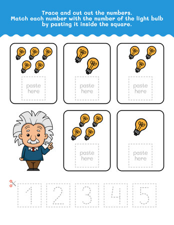 One to Five Number And Word Tracing Worksheet. Cut And Paste Worksheet With Lighbulb Pictures. Premium Vector Element.のイラスト素材