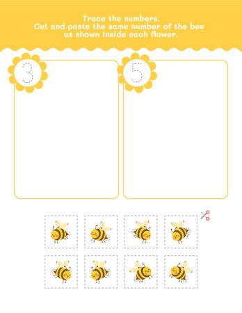 Three And Five Count And Tracing Number Worksheet. Cut And Paste Worksheet With Pictures. Premium Vector Element.のイラスト素材