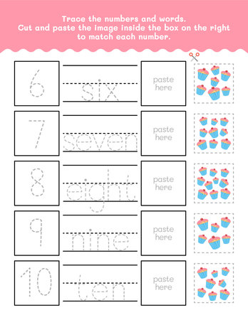 Six to Ten Number And Word Tracing Worksheet. Cut And Paste Worksheet With Pictures. Premium Vector Element.のイラスト素材
