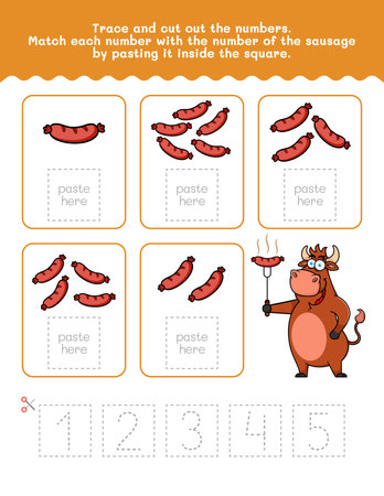 One To Five Number And Word Tracing Worksheet. Cut And Paste Worksheet With Sausage Pictures. Premium Vector Element.のイラスト素材