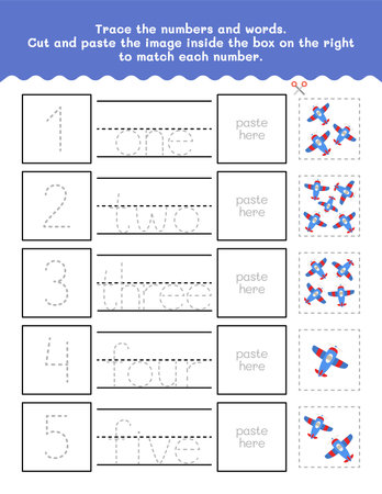 One to Five Number And Word Tracing Worksheet. Cut And Paste Worksheet With Pictures. Premium Vector Element.のイラスト素材