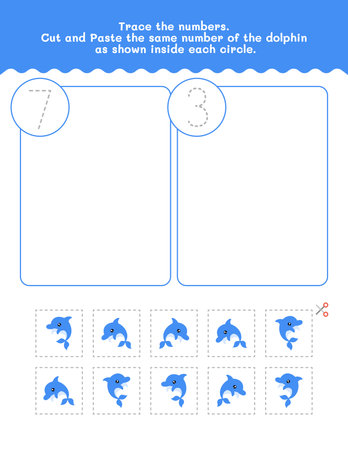 Seven And Three Count And Tracing Number Worksheet. Cut And Paste Worksheet With Pictures. Premium Vector Element.のイラスト素材