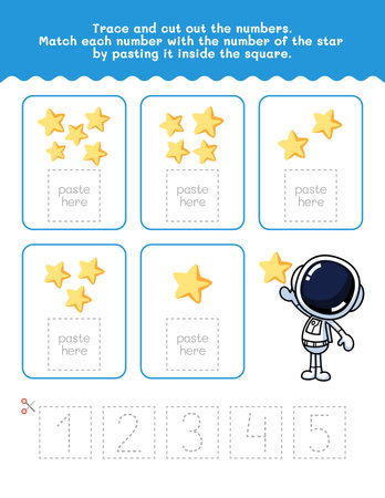 One To Five Number And Word Tracing Worksheet. Cut And Paste Worksheet With Sun Pictures. Premium Vector Element.のイラスト素材