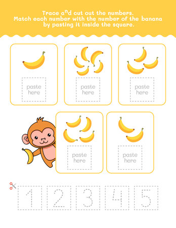 One To Five Number And Word Tracing Worksheet. Cut And Paste Worksheet With Banana Pictures. Premium Vector Element.のイラスト素材