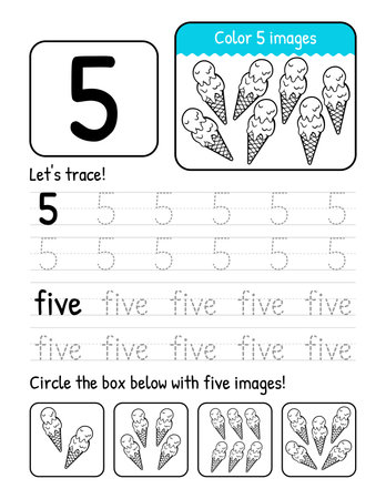 Word And Number Five Tracing Book Interior Worksheet Page With Coloring And Counting Activitiesのイラスト素材