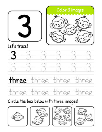 Word And Number Three Tracing Book Interior Worksheet Page With Coloring And Counting Activitiesのイラスト素材