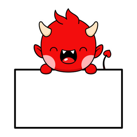 Cute And Kawaii Style Halloween Red Devil Character With White Boardのイラスト素材