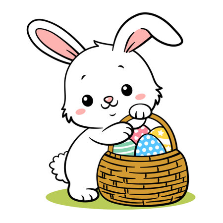 Cute Hand Drawn White Easter Bunny Holding Egg Basketのイラスト素材