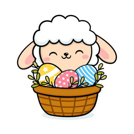 Cute Easter Sheep Character With Eggs In A Basketのイラスト素材