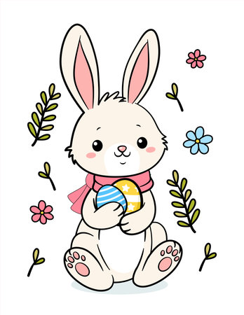 Cute Hand Drawn Easter Bunny With Two Eggsのイラスト素材