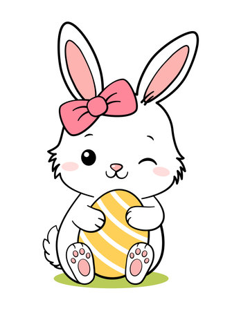 Cute White Little Easter Bunny Rabbit Hugging Eggのイラスト素材