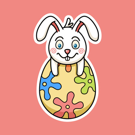 Cute Easter Rabbit On Easter Egg In Sticker Style Premium Vector Graphic Assetのイラスト素材
