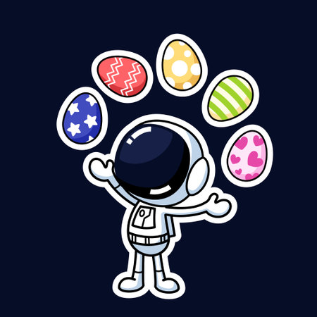 Cute Astronaut Cartoon Character Juggling Easter Eggs. Premium Vector Graphic Asset.のイラスト素材