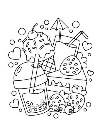Cute Dessert And Fruit Coloring Pageのイラスト素材