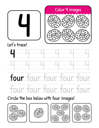 Word And Number Four Tracing Book Interior Worksheet Page With Coloring And Counting Activitiesのイラスト素材